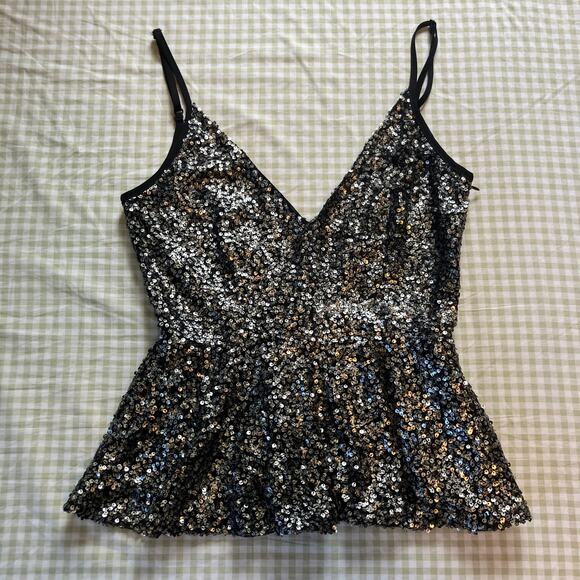 V neck silver sequin cami with flared waist, going out night out party new years - Picture 1 of 8